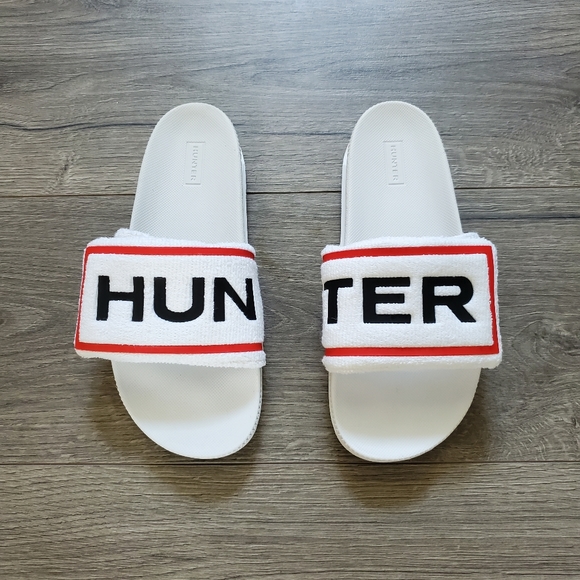 Hunter Shoes Hunter Terry Towelling Logo Adjustable Slides Womens 7